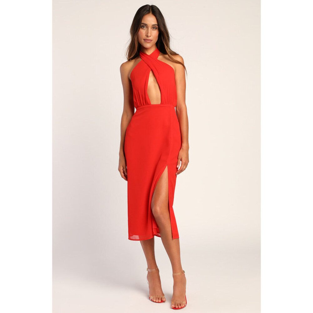 Lulus Flirty Chic Red Cutout Twist-front Halter Midi Dress - Size XS